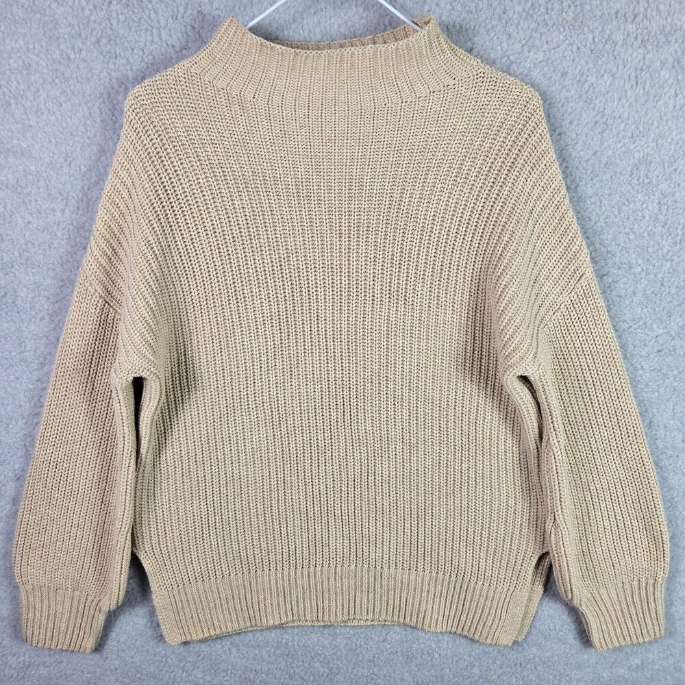 Cupcakes and Cashmere Womens XS Tan Ribbed Cotton Knit Mock Neck Sweater Slit